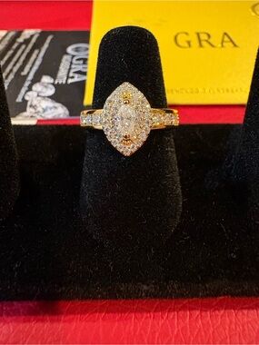 Gold Marquise Halo Diamond Ring with Pavé Band